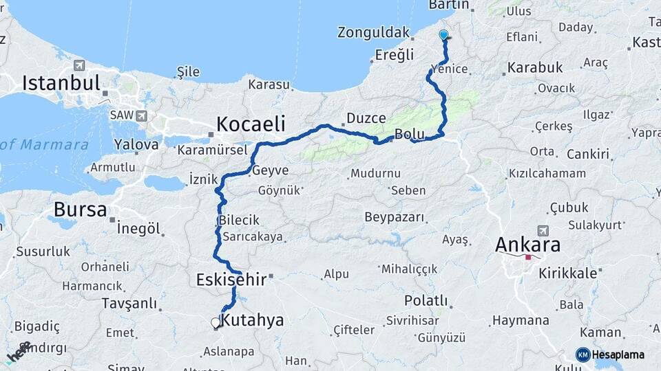 Zonguldak Çaycuma Kütahya Arası Kaç Km - Yol Haritası
