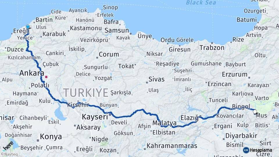 Zonguldak Çaycuma Muş Arası Kaç Km - Yol Haritası