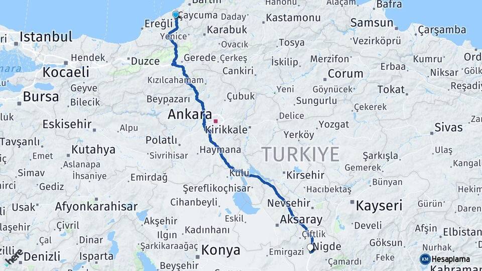 Zonguldak Çaycuma Niğde Arası Kaç Km - Yol Haritası