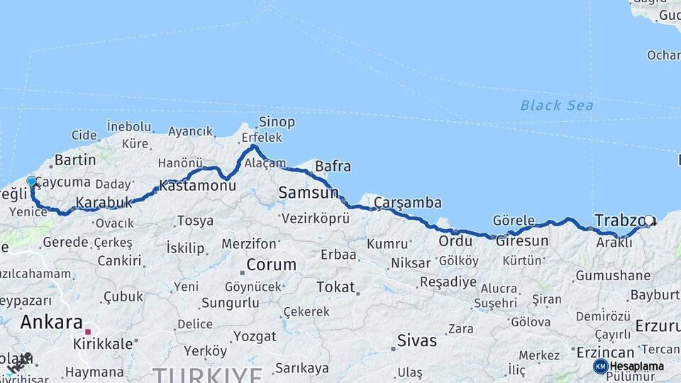 Zonguldak Çaycuma Rize Arası Kaç Km - Yol Haritası