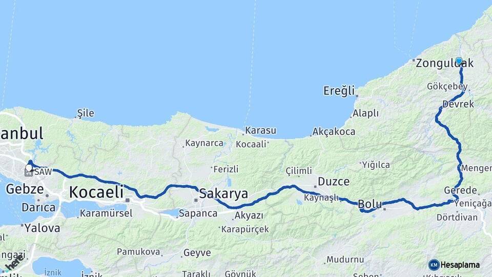 Zonguldak Çaycuma Sabiha Gökçen Havalimanı Arası Kaç Km - Yol Haritası
