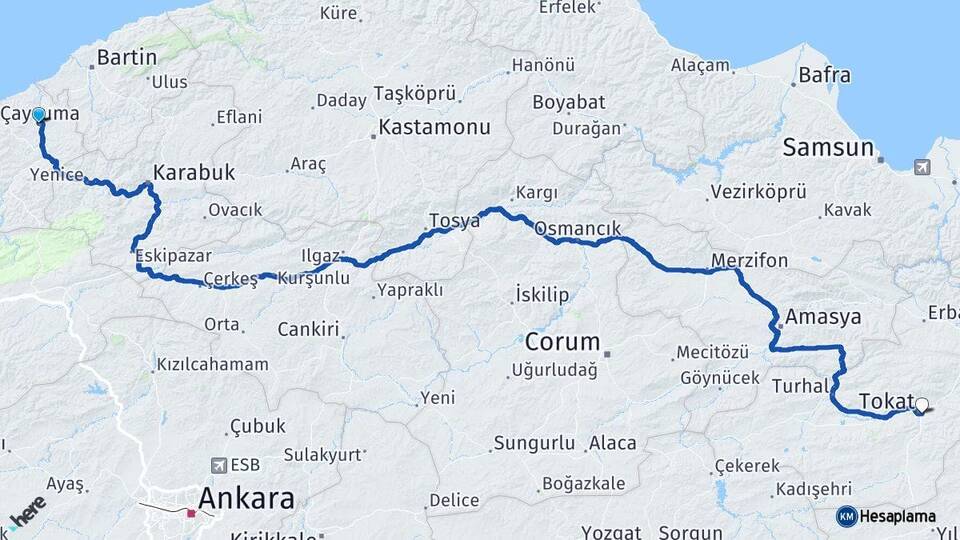 Zonguldak Çaycuma Tokat Arası Kaç Km - Yol Haritası
