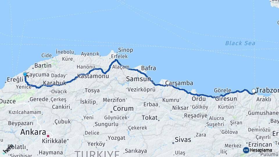 Zonguldak Çaycuma Trabzon Arası Kaç Km - Yol Haritası