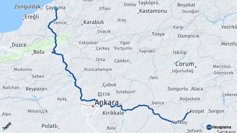 Zonguldak Çaycuma Yozgat Arası Kaç Km - Yol Haritası