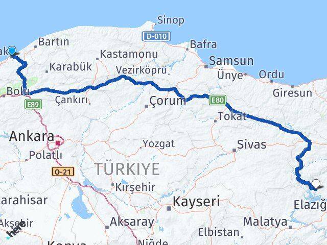 Zonguldak Çemişgezek Tunceli Arası Kaç Km - Yol Haritası