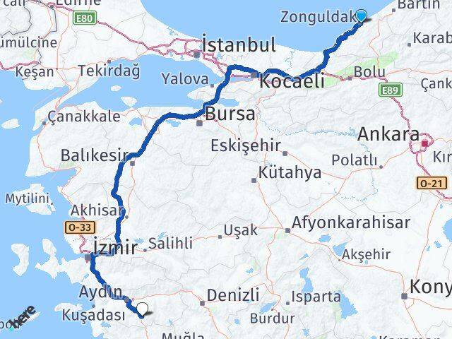 Zonguldak Çine Aydın Arası Kaç Km - Yol Haritası