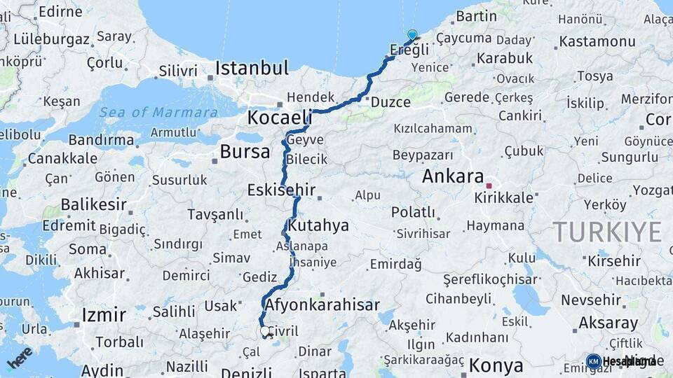 Zonguldak Çivril Denizli Arası Kaç Km - Yol Haritası