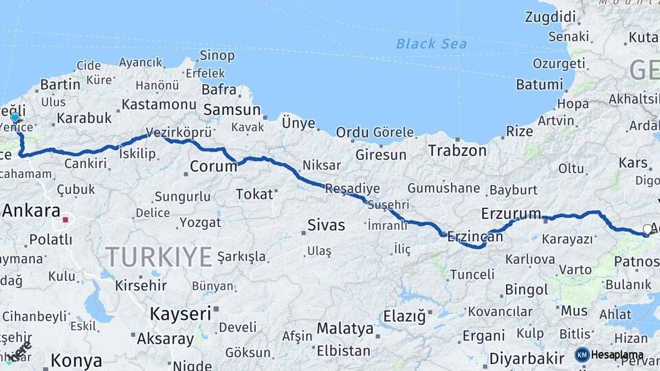 Zonguldak Devrek Ağrı Arası Kaç Km - Yol Haritası