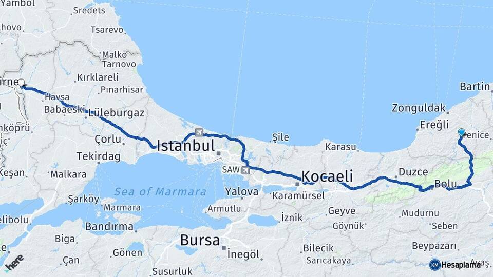 Zonguldak Devrek Edirne Arası Kaç Km - Yol Haritası