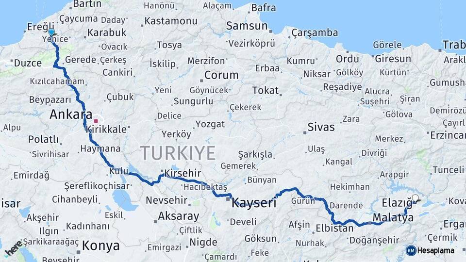 Zonguldak Devrek Elazığ Arası Kaç Km - Yol Haritası