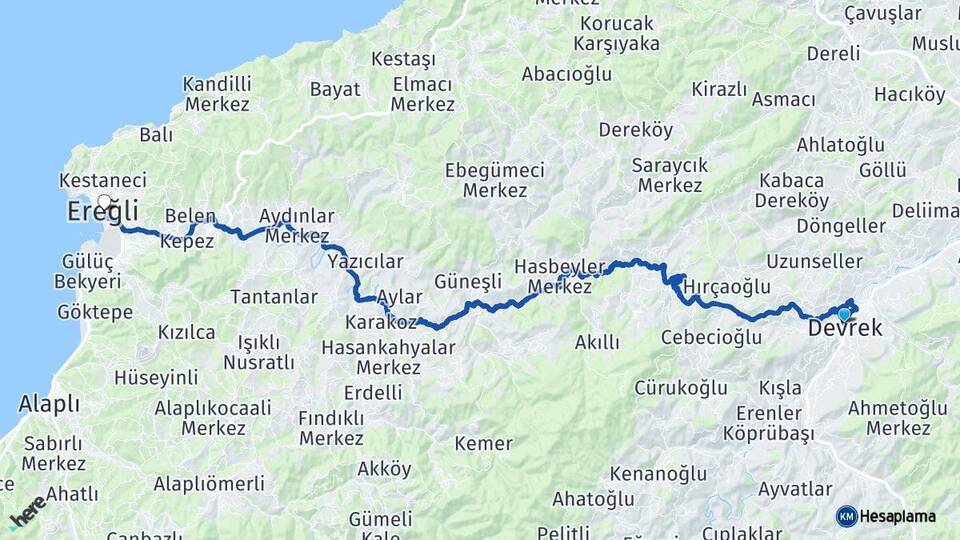 Zonguldak Devrek Ereğli Arası Kaç Km - Yol Haritası