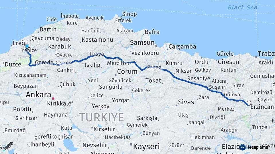 Zonguldak Devrek Erzincan Arası Kaç Km - Yol Haritası