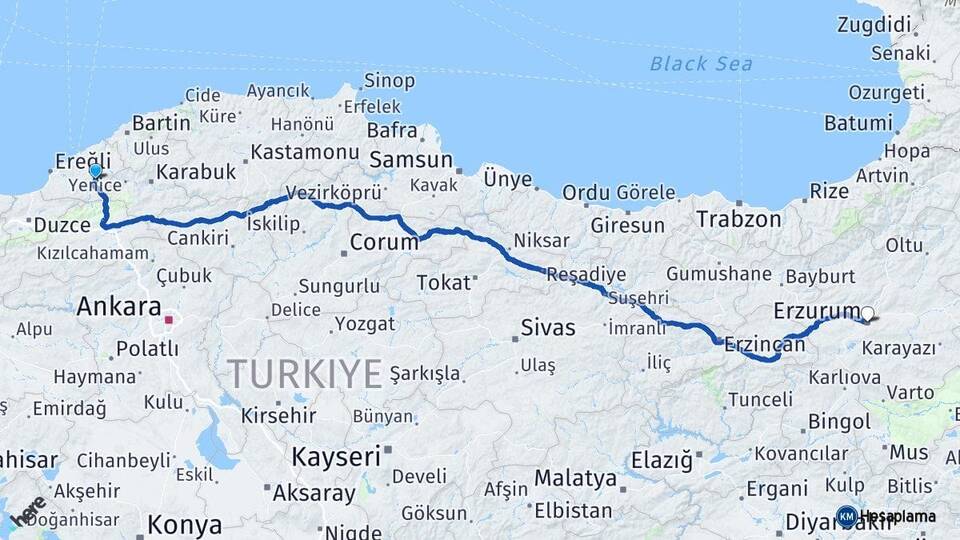 Zonguldak Devrek Erzurum Arası Kaç Km - Yol Haritası