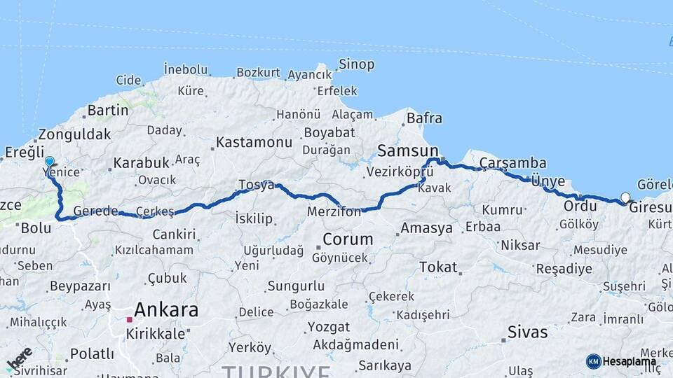 Zonguldak Devrek Giresun Arası Kaç Km - Yol Haritası