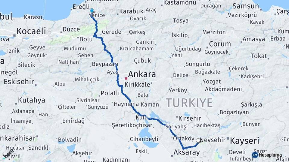 Zonguldak Devrek Nevşehir Arası Kaç Km - Yol Haritası