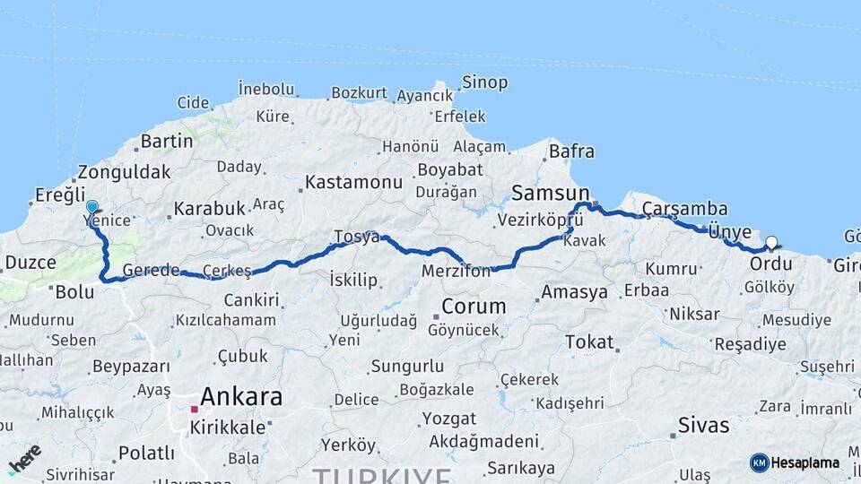 Zonguldak Devrek Ordu Arası Kaç Km - Yol Haritası