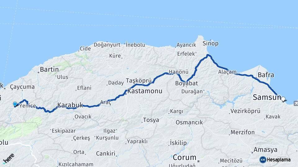 Zonguldak Devrek Samsun Arası Kaç Km - Yol Haritası