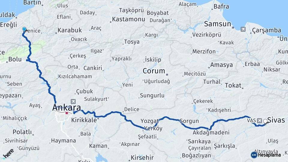 Zonguldak Devrek Sivas Arası Kaç Km - Yol Haritası