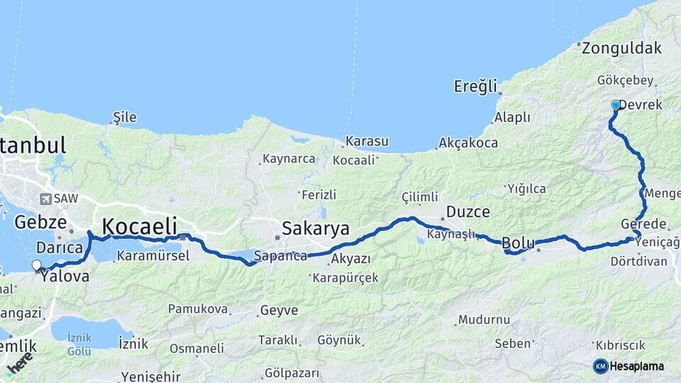 Zonguldak Devrek Yalova Arası Kaç Km - Yol Haritası