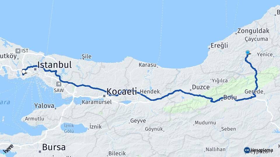 Zonguldak Devrek Yenibosna Bahçelievler İstanbul Arası Kaç Km - Yol Haritası