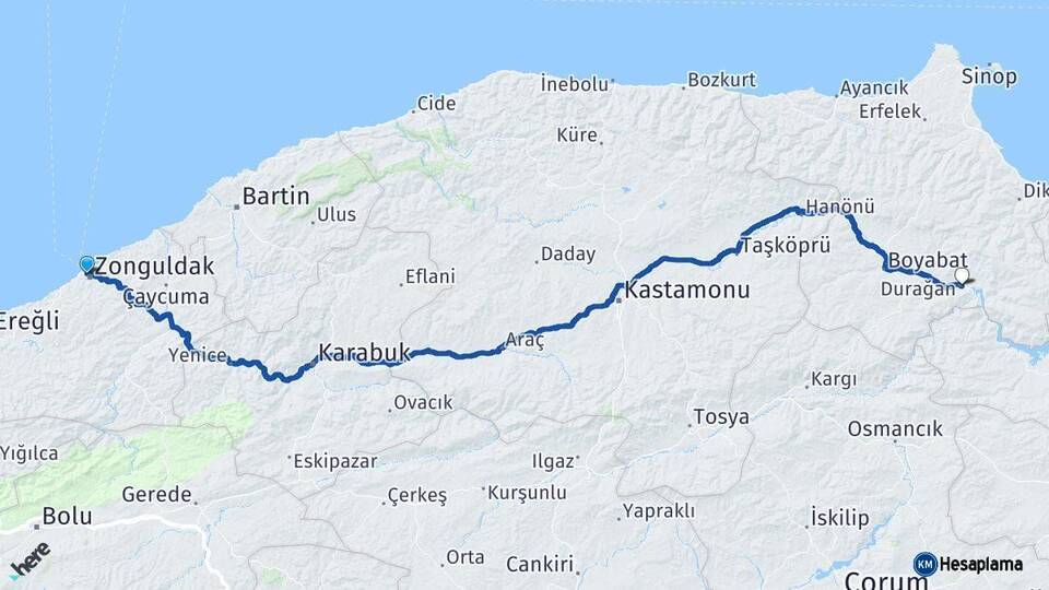 Zonguldak Durağan Sinop Arası Kaç Km - Yol Haritası