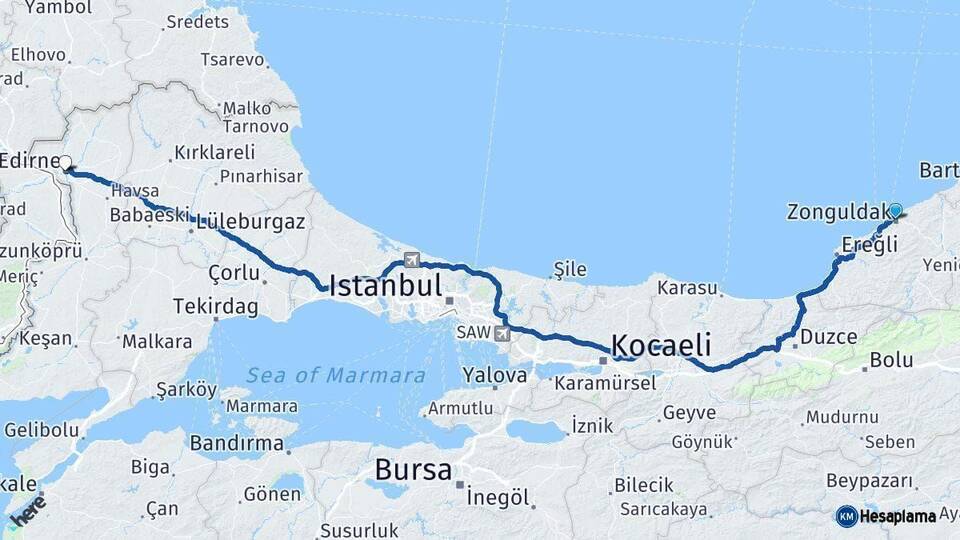 Zonguldak Edirne Arası Kaç Km - Yol Haritası