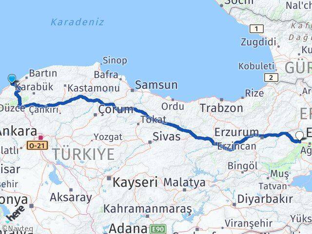 Zonguldak Eleşkirt Ağrı Arası Kaç Km - Yol Haritası