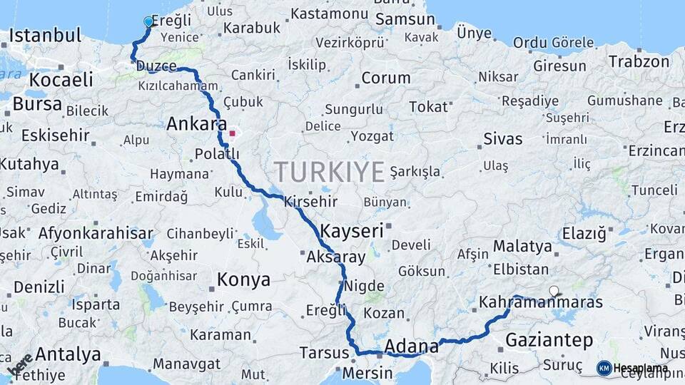 Zonguldak Ereğli Adıyaman Arası Kaç Km - Yol Haritası