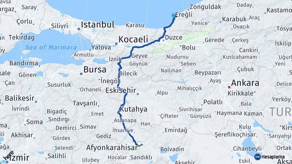 Zonguldak Ereğli Afyonkarahisar Arası Kaç Km - Yol Haritası