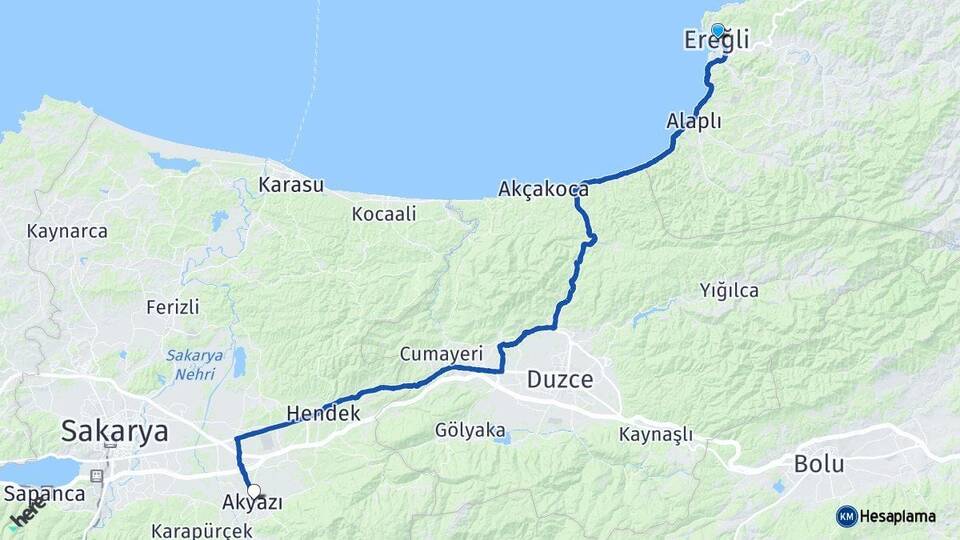 Zonguldak Ereğli Akyazı Sakarya Arası Kaç Km - Yol Haritası