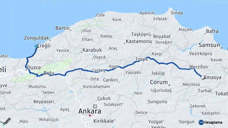 Zonguldak Ereğli Amasya Arası Kaç Km - Yol Haritası