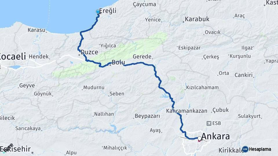 Zonguldak Ereğli Ankara Arası Kaç Km - Yol Haritası
