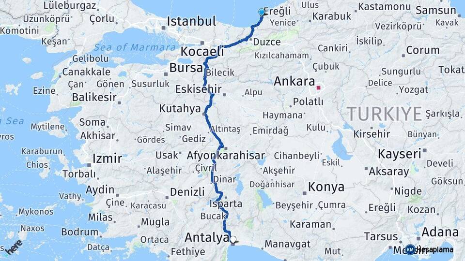 Zonguldak Ereğli Antalya Arası Kaç Km - Yol Haritası