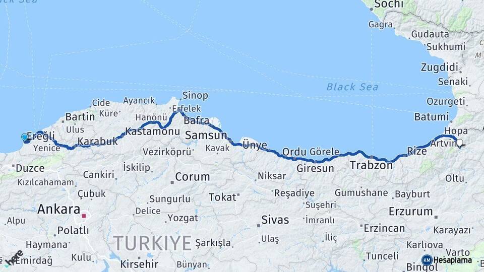 Zonguldak Ereğli Artvin Arası Kaç Km - Yol Haritası