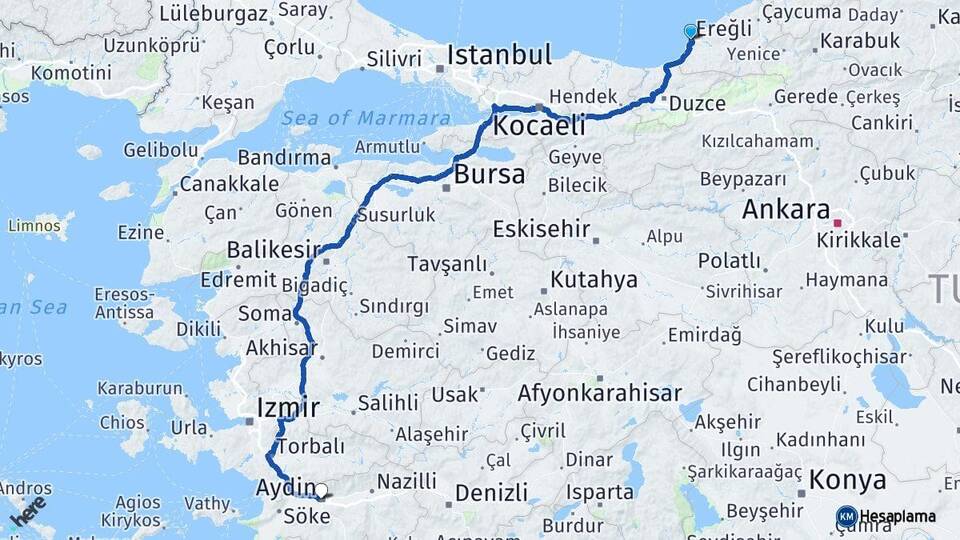 Zonguldak Ereğli Aydın Arası Kaç Km - Yol Haritası