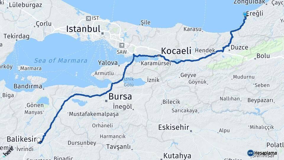 Zonguldak Ereğli Balıkesir Arası Kaç Km - Yol Haritası