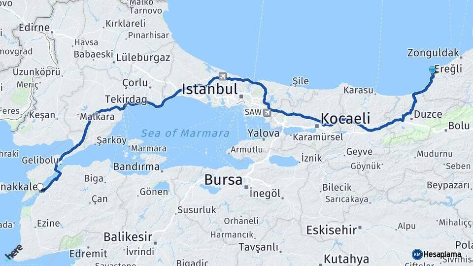 Zonguldak Ereğli Çanakkale Arası Kaç Km - Yol Haritası