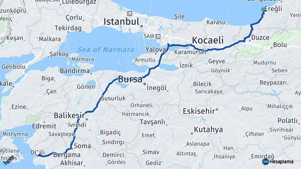 Zonguldak Ereğli Dikili İzmir Arası Kaç Km - Yol Haritası