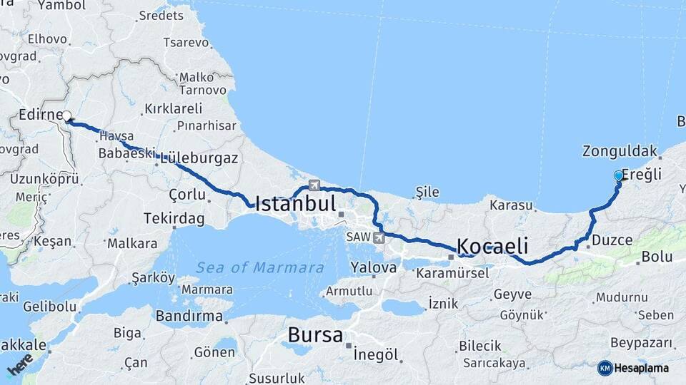 Zonguldak Ereğli Edirne Arası Kaç Km - Yol Haritası