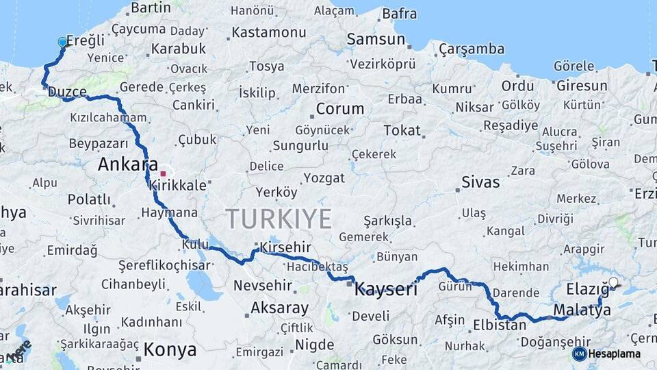 Zonguldak Ereğli Elazığ Arası Kaç Km - Yol Haritası