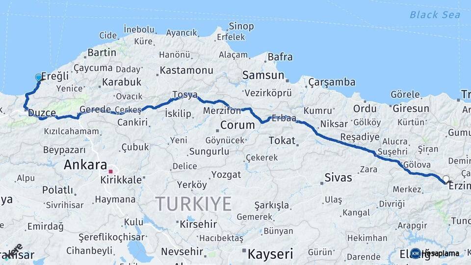 Zonguldak Ereğli Erzincan Arası Kaç Km - Yol Haritası