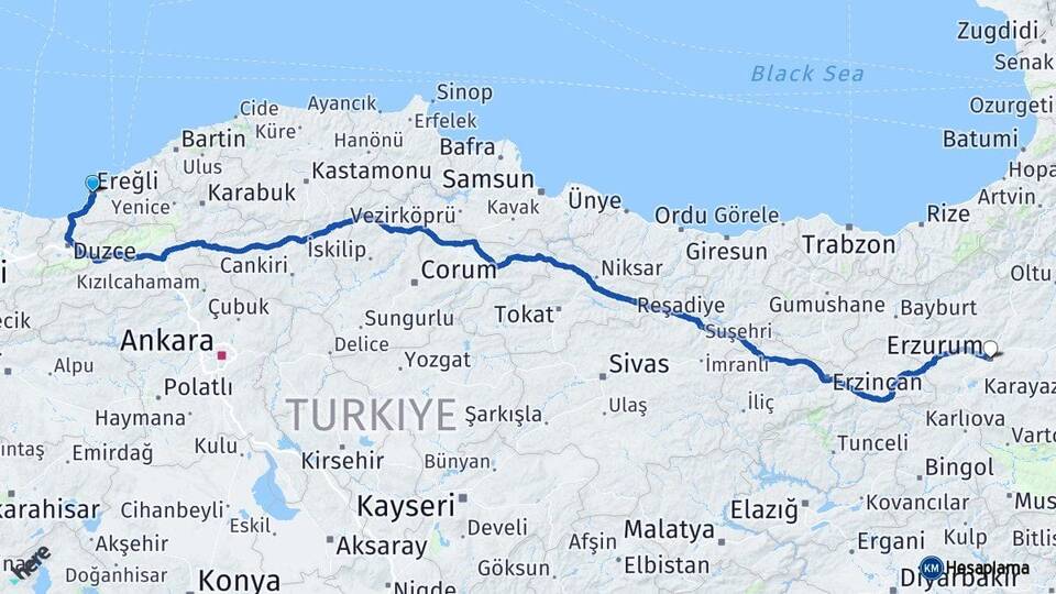 Zonguldak Ereğli Erzurum Arası Kaç Km - Yol Haritası