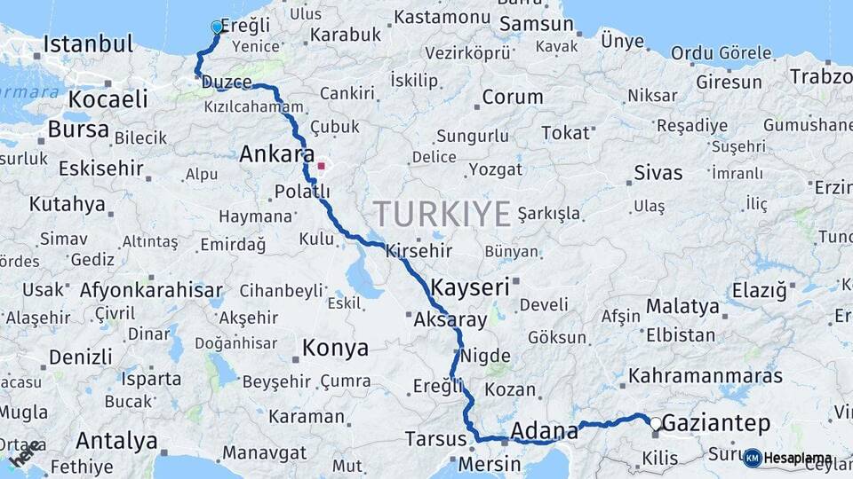 Zonguldak Ereğli Gaziantep Arası Kaç Km - Yol Haritası
