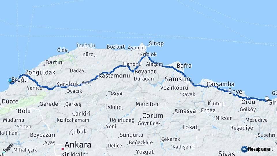 Zonguldak Ereğli Giresun Arası Kaç Km - Yol Haritası