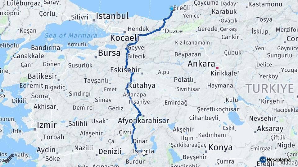 Zonguldak Ereğli Isparta Arası Kaç Km - Yol Haritası