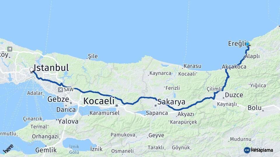 Zonguldak Ereğli İstanbul Arası Kaç Km - Yol Haritası
