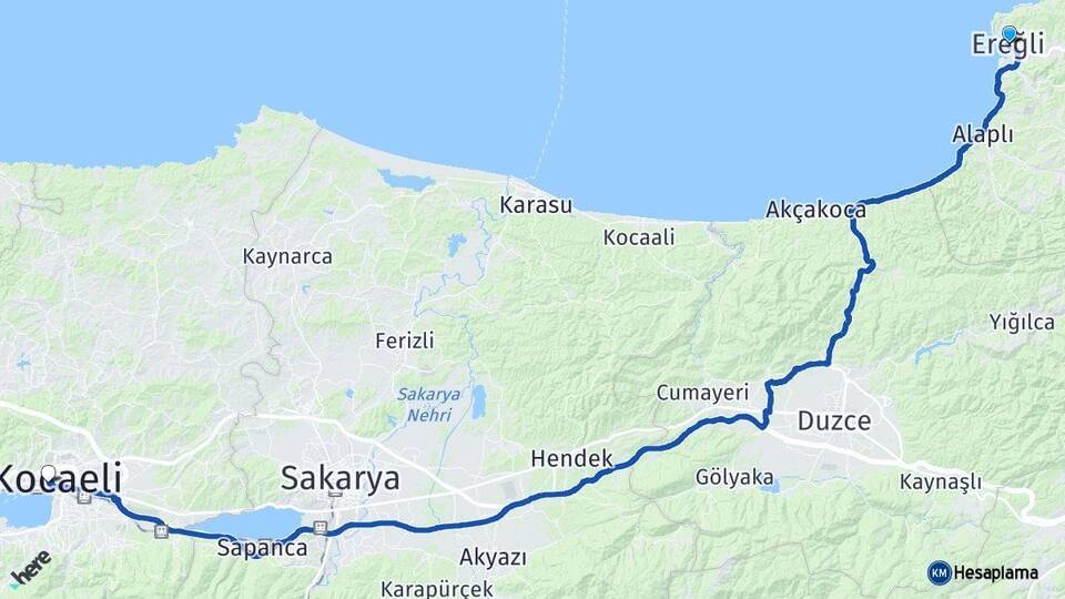 Zonguldak Ereğli İzmit Kocaeli Arası Kaç Km - Yol Haritası