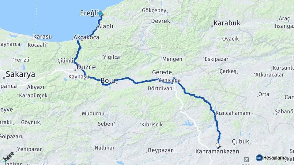 Zonguldak Ereğli Kahramankazan Ankara Arası Kaç Km - Yol Haritası