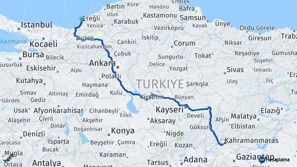 Zonguldak Ereğli Kahramanmaraş Arası Kaç Km - Yol Haritası