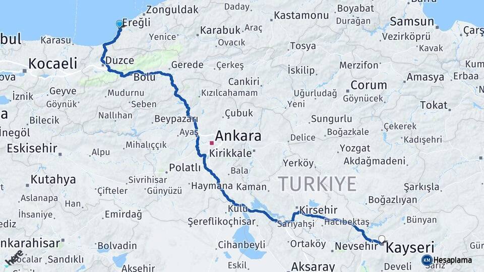 Zonguldak Ereğli Kayseri Arası Kaç Km - Yol Haritası